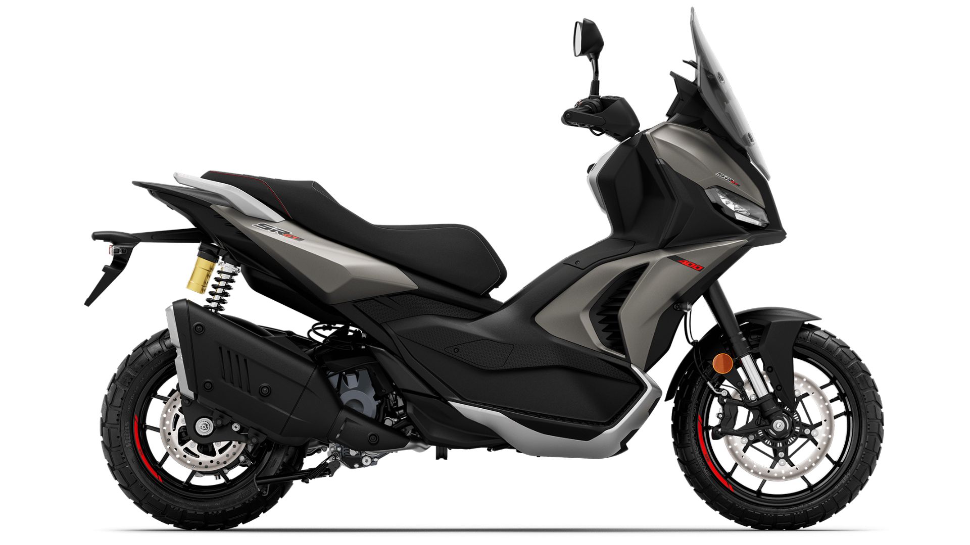 Aprilia SR GT 400 – bočni pogled skuterja v temno sivi barvni izvedbi